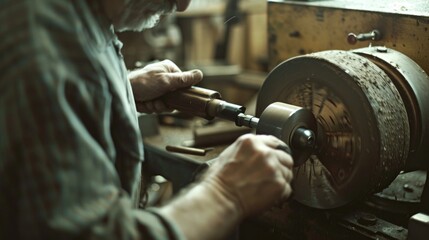 Poster - A man working on a machine in a workshop. Suitable for industrial concepts