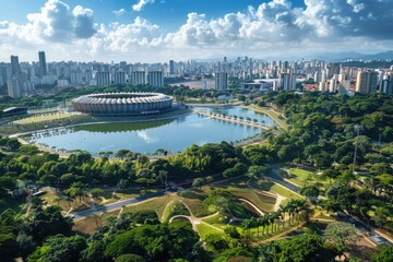 Aufkleber - Aerial view of a city with a serene lake in the foreground. Ideal for urban landscape concepts