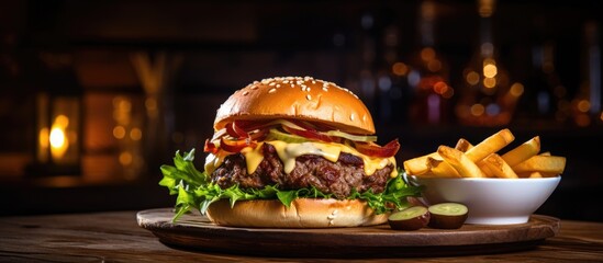 Poster - Close up of burger and fries on wooden platter