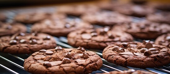 Poster - Chocolate cookies on a wire rack topped with chocolate chips