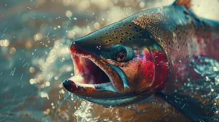 Wall Mural - Fly Fishing Catch: Steelhead Trout in Cold Waters - A beautiful shot of a Steelhead Trout caught