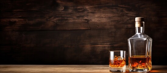 Poster - Bottle of whisky and two glasses on wooden surface