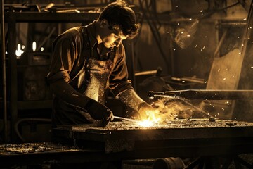 Poster - A man working on a piece of metal. Suitable for industrial concepts
