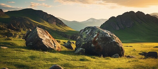 Poster - Grassy field and boulders in front of mountains
