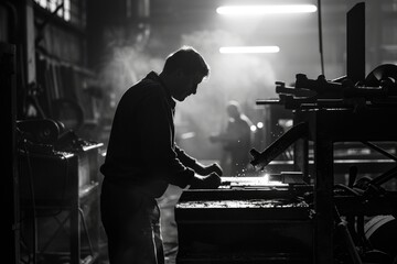 Aufkleber - A man working in a factory with a hammer. Suitable for industrial and manufacturing concepts