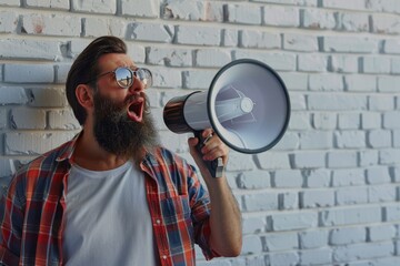 Poster - A man holding a megaphone in front of a brick wall. Perfect for advertising or communication concepts