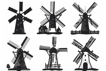 Poster - Collection of windmill silhouettes on white background. Ideal for graphic design projects