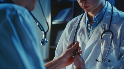 Poster - A doctor using a stethoscope to examine a patient's finger. Suitable for medical concepts