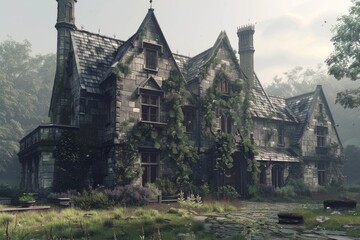 Poster - An old house with a pond in front of it. Suitable for real estate or nature concept