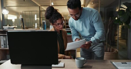 Poster - Computer, collaboration and documents with business people in office together for report or information. Teamwork, paper or development with man and woman in workplace at night for company strategy