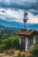 Poster - A picturesque view of a small building on a green hill. Perfect for nature or real estate concepts