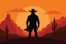 Cowboy Silhouette In The Desert Vector Design