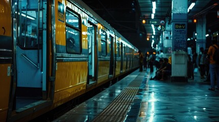 Poster - A yellow train parked at a station, ideal for transportation concepts