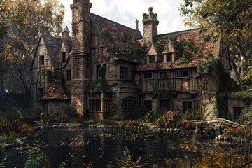 Poster - An old house with a pond in front of it. Suitable for real estate or nature themes