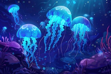 Poster - A group of jellyfishes floating in the ocean. Suitable for marine life concepts
