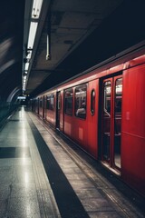 Poster - A red subway train pulling into a station. Ideal for transportation and urban lifestyle concepts