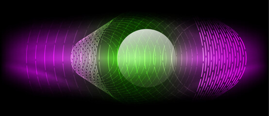 Poster - The vibrant colors of a green and purple circle on a black background create a striking visual effect reminiscent of automotive lighting or a celestial astronomical object