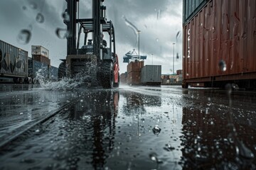 Dramatic scene of a forklift moving cargo containers during a rainstorm at a port