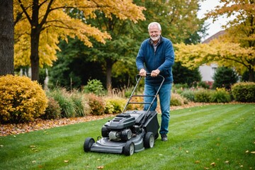 portrait confident senior man mowing autumn lawn in backyard