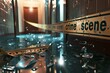 Detailed crime scene concept with yellow tape and shattered glass in a dimly-lit corridor