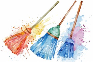 Poster - Watercolor painting of three brooms with paint splatters. Suitable for art and creativity themes