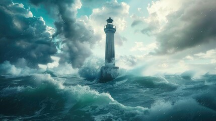 Poster - A lighthouse standing strong in a stormy ocean. Suitable for maritime concepts