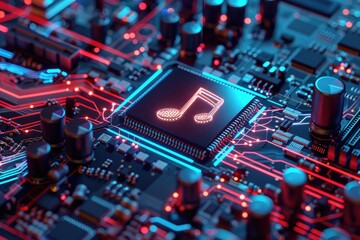 Aufkleber - Close up of a circuit board with a musical note symbol. Perfect for technology or music related projects