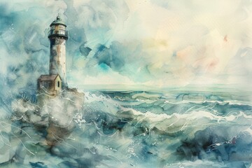 Poster - A serene painting of a lighthouse standing tall in the middle of the vast ocean. Perfect for nautical themes or coastal decor
