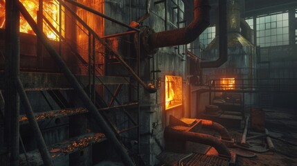 Aufkleber - A fire blazing inside a factory building, caution advised for industrial use