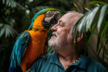 Aufkleber - A man's obscured face next to a colorful parrot, surrounded by greenery, symbolizing human-animal connection