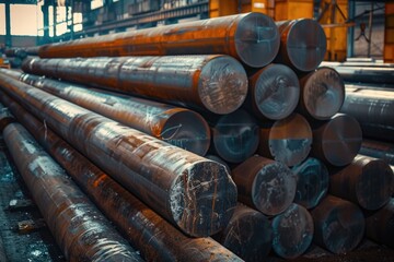 Poster - Steel pipes stacked in warehouse, suitable for industrial concepts