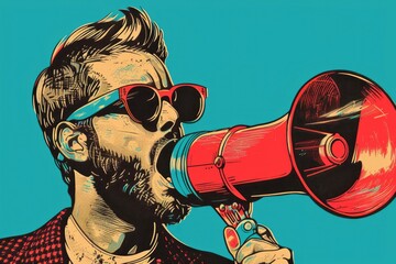 Poster - A man holding a megaphone, useful for announcements