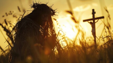 Poster - A person standing in a field with a cross in the background. Suitable for religious concepts