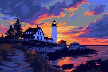 Aufkleber - Beautiful painting of a lighthouse against a colorful sunset. Ideal for home decor or travel brochures