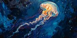 Fototapeta  - Jellyfish are animals with a transparent body. The body is composed mostly of gelatin. Can see into the
 internal organs. Watercolor painting. Use for wallpaper, posters, postcards, brochures.