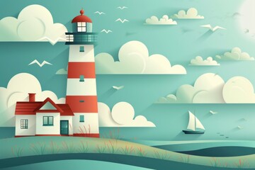 Poster - A picturesque scene of a red and white lighthouse with a sailboat in the water. Ideal for travel and nautical themes