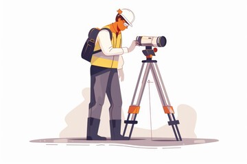 Poster - A man standing next to a camera on a tripod. Suitable for photography and technology concepts
