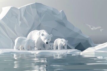 Poster - Group of polar bears standing on top of an iceberg. Perfect for environmental conservation projects