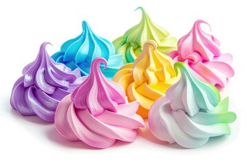 Poster - Vibrant meringue cookies on a clean white background. Ideal for food and dessert concepts