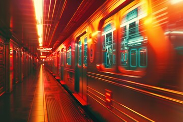 Poster - A subway train traveling down a train track. Suitable for transportation concepts