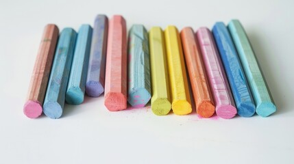 Poster - Colorful crayon sticks on a white surface, perfect for educational and artistic projects