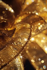 Poster - Close up of a gold ribbon with beautiful lights in the background. Perfect for holiday or celebration themes