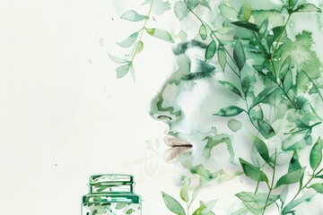 Poster - Watercolor painting of a woman's face with green leaves, suitable for nature or beauty concepts