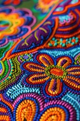 Poster - Vibrant close-up shot of a colorful embroidered table cloth, perfect for home decor projects