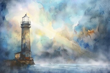 Poster - A picturesque lighthouse standing in the vast ocean. Perfect for maritime-themed designs