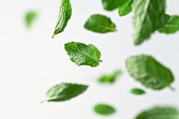 Poster - A bunch of green leaves flying in the air. Suitable for nature concepts