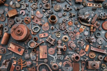 Poster - A collection of rusted metal objects on a table. Suitable for industrial concepts