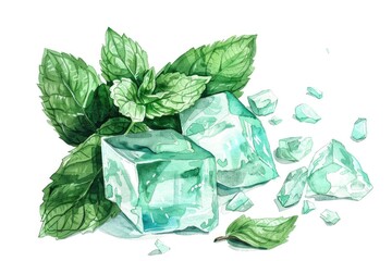 Sticker - Fresh mint leaves scattered on ice cubes, perfect for summer drinks.