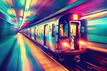 Poster - Subway train traveling through a subway station. Suitable for transportation themes