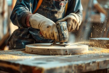 Poster - A person using a grinder on a piece of wood. Suitable for construction or woodworking projects
